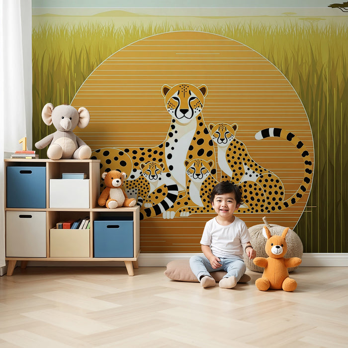 Detská izba tapeta | Rodina leopardov na zlatom savane