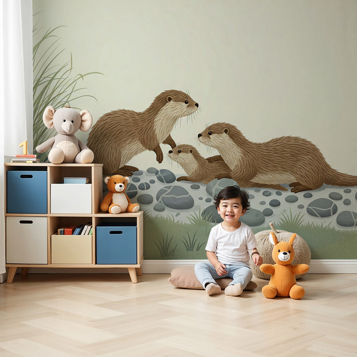 Kinderzimmer Tapete | Otterfamilie am Wasser
