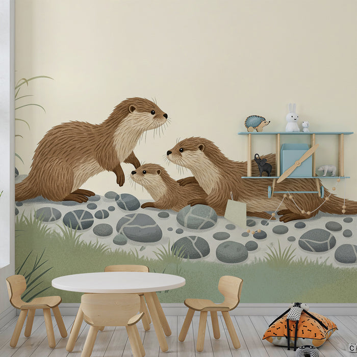 Kinderzimmer Tapete | Otterfamilie am Wasser