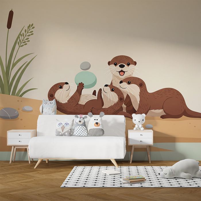 **Tapete Kinderzimmer | Otterfamilie spielt am Strand**