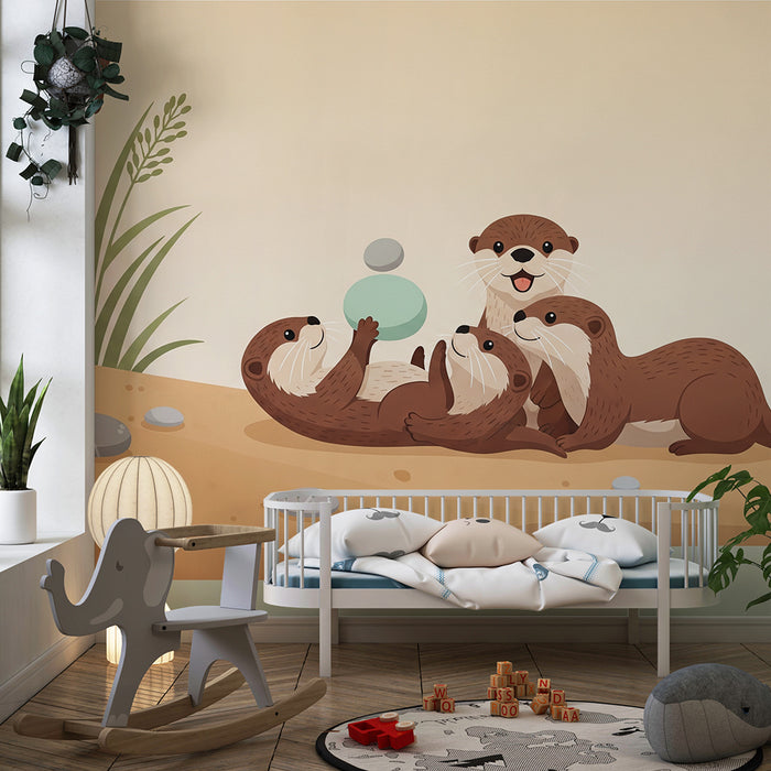 **Tapete Kinderzimmer | Otterfamilie spielt am Strand**