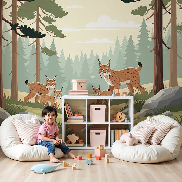 Carta da parati per camera bambini | Famiglia di linci in una foresta tranquilla