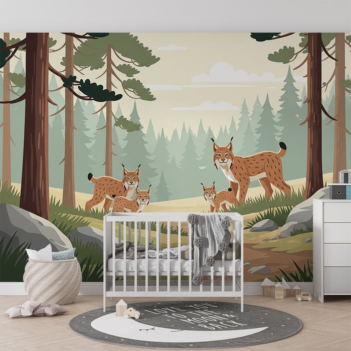 Carta da parati per camera bambini | Famiglia di linci in una foresta tranquilla