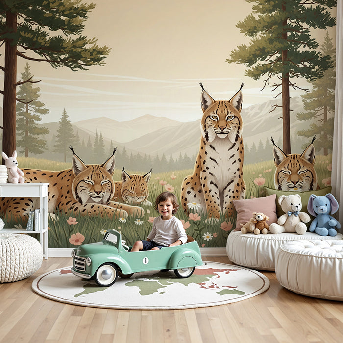 Papier peint chambre enfant | Famille de lynx dans une prairie fleurie