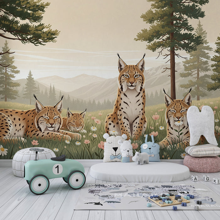 Papier peint chambre enfant | Famille de lynx dans une prairie fleurie