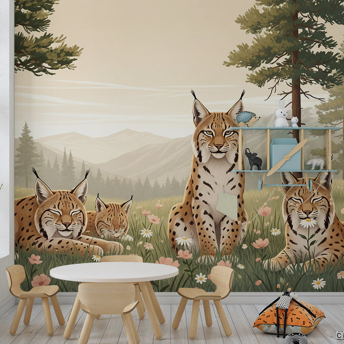 Papier peint chambre enfant | Famille de lynx dans une prairie fleurie