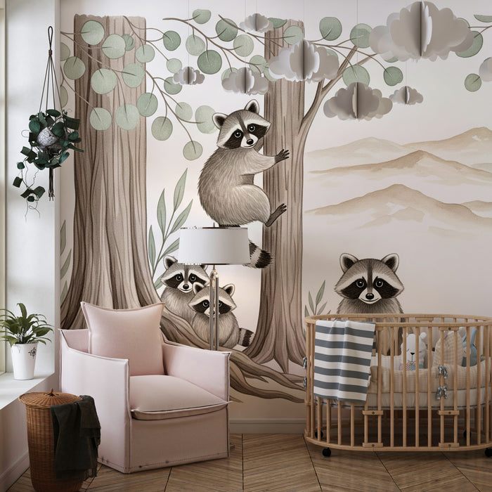 Kinderkamer behang | Wasberenfamilie in het bos