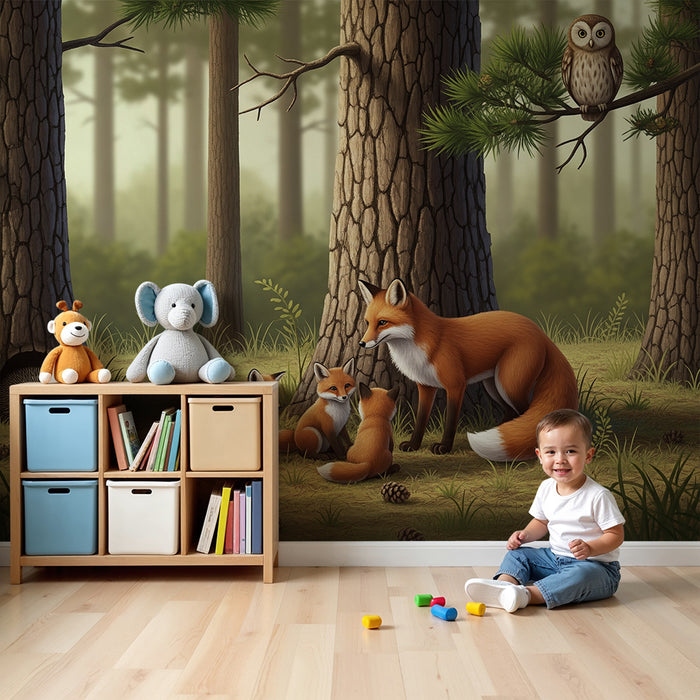 Papel de parede para quarto infantil | Família de raposas numa floresta encantada