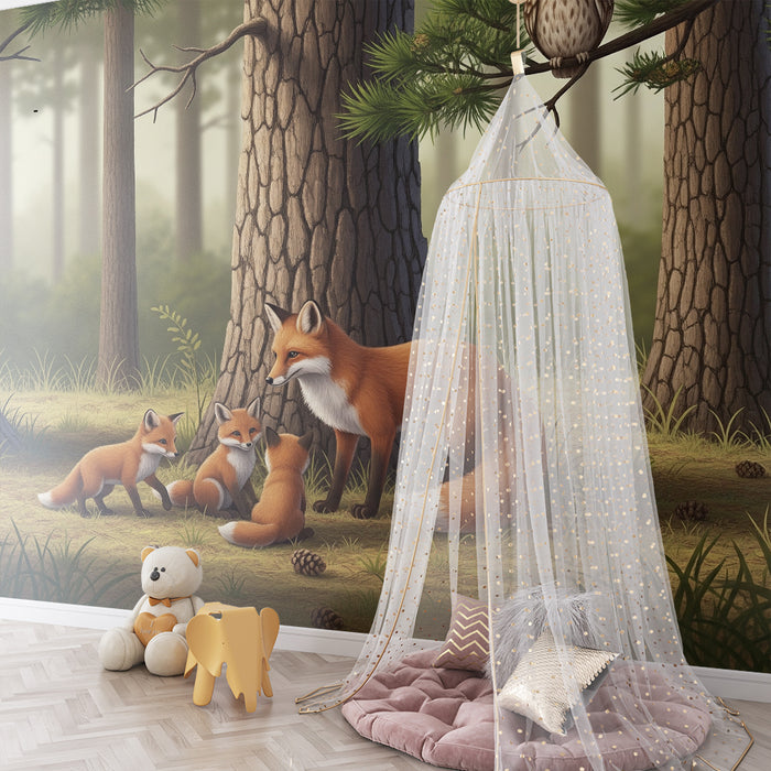 Papel de parede para quarto infantil | Família de raposas numa floresta encantada