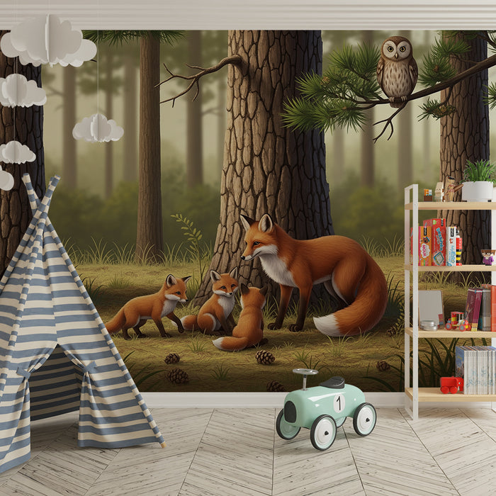 Papel de parede para quarto infantil | Família de raposas numa floresta encantada