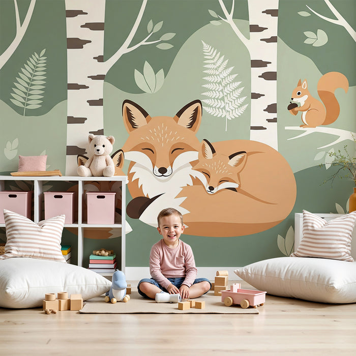 Kids room wallpaper | Family of sleeping foxes in a peaceful forest