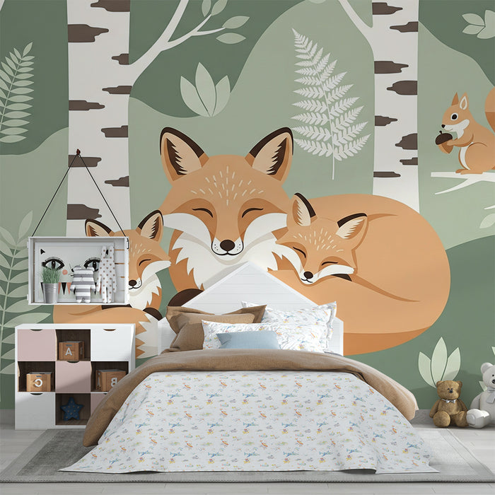Kids room wallpaper | Family of sleeping foxes in a peaceful forest