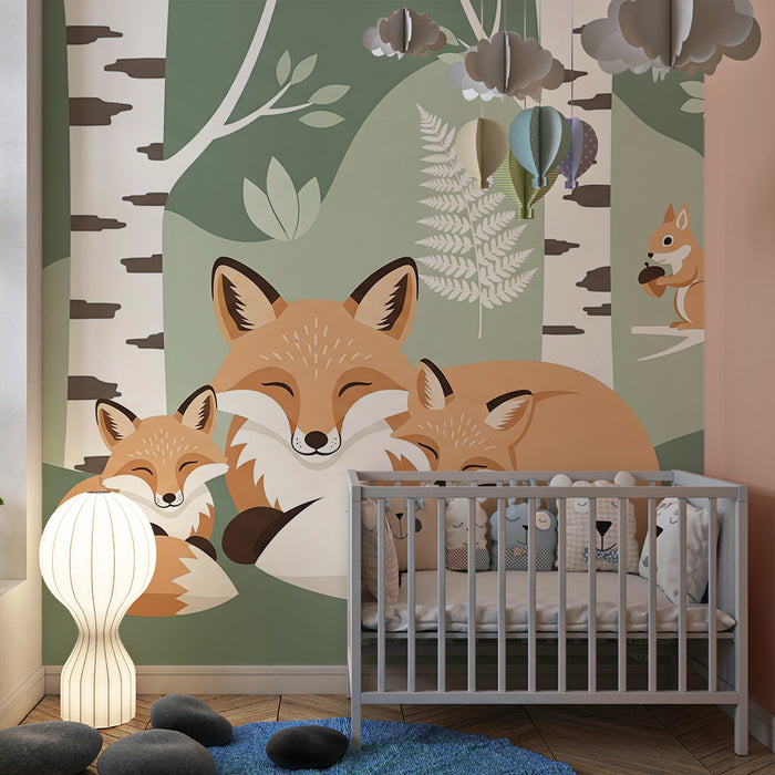 Kids room wallpaper | Family of sleeping foxes in a peaceful forest