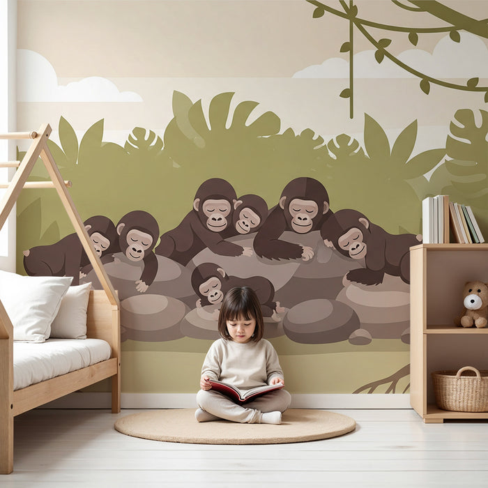Behang kinderkamer | Slapende apenfamilie in de jungle