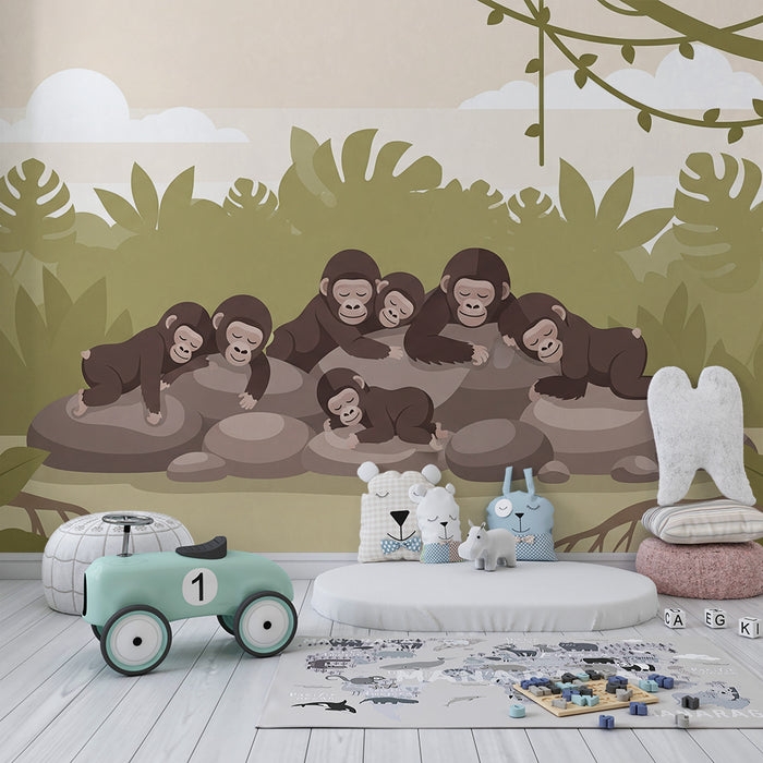 Behang kinderkamer | Slapende apenfamilie in de jungle