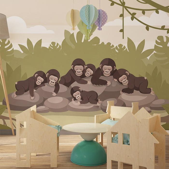 Behang kinderkamer | Slapende apenfamilie in de jungle