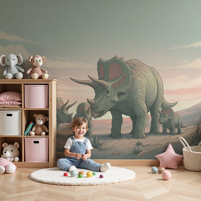 Barntapet | Familj av triceratops i en lugn förhistorisk miljö