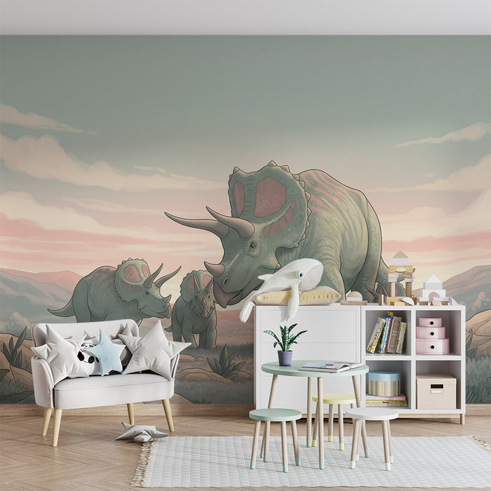 Barntapet | Familj av triceratops i en lugn förhistorisk miljö