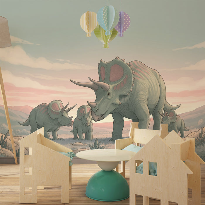 Barntapet | Familj av triceratops i en lugn förhistorisk miljö