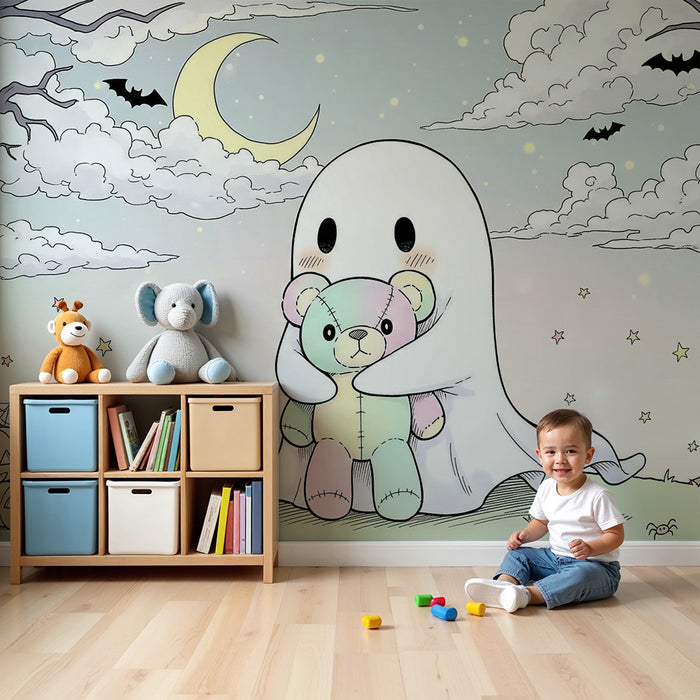 Børnetapet | Sødt spøgelse med bamse i et Halloween-miljø