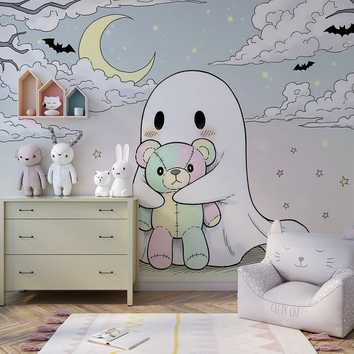 Børnetapet | Sødt spøgelse med bamse i et Halloween-miljø