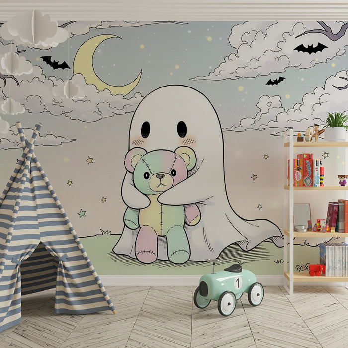 Børnetapet | Sødt spøgelse med bamse i et Halloween-miljø