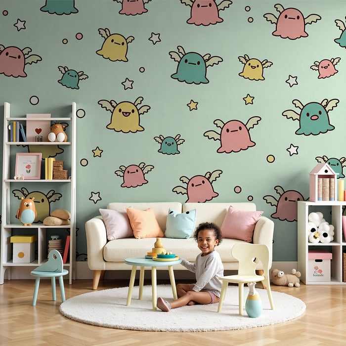 Children's bedroom wallpaper | Cute ghosts with colorful wings on a pastel background