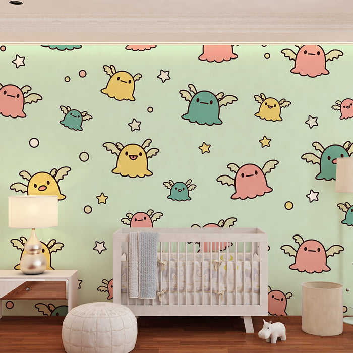 Children's bedroom wallpaper | Cute ghosts with colorful wings on a pastel background