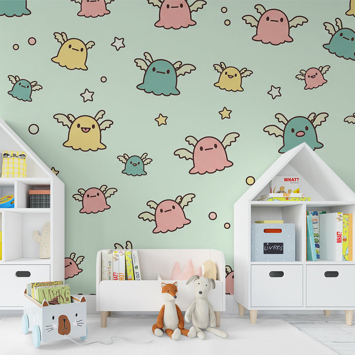 Children's bedroom wallpaper | Cute ghosts with colorful wings on a pastel background