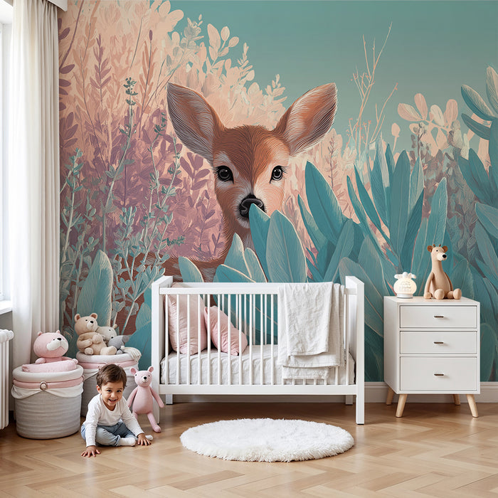 Kinderkamer behang | Nieuwsgierig hert in het midden van rustgevende vegetatie