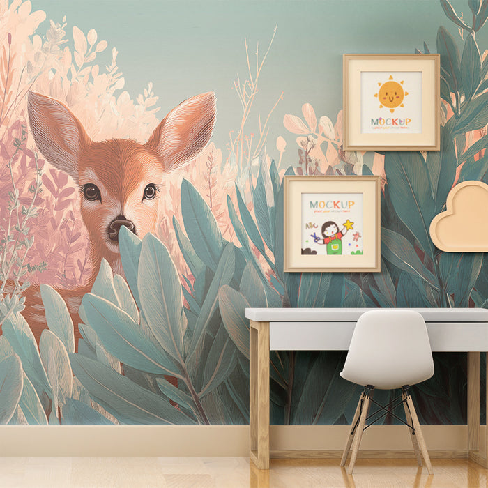 Kinderkamer behang | Nieuwsgierig hert in het midden van rustgevende vegetatie