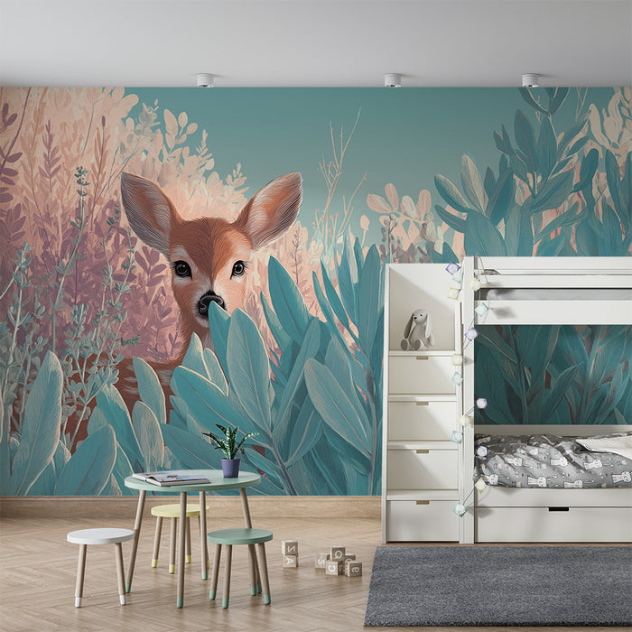 Kinderkamer behang | Nieuwsgierig hert in het midden van rustgevende vegetatie