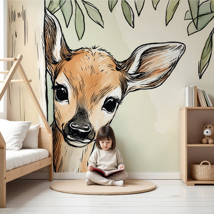 Papier peint chambre enfant | Faon curieux caché derrière un arbre