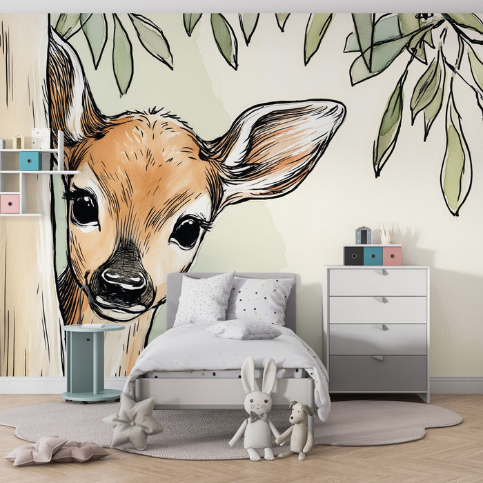 Papier peint chambre enfant | Faon curieux caché derrière un arbre