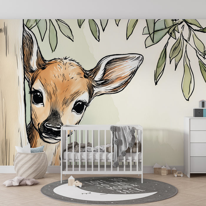 Papier peint chambre enfant | Faon curieux caché derrière un arbre