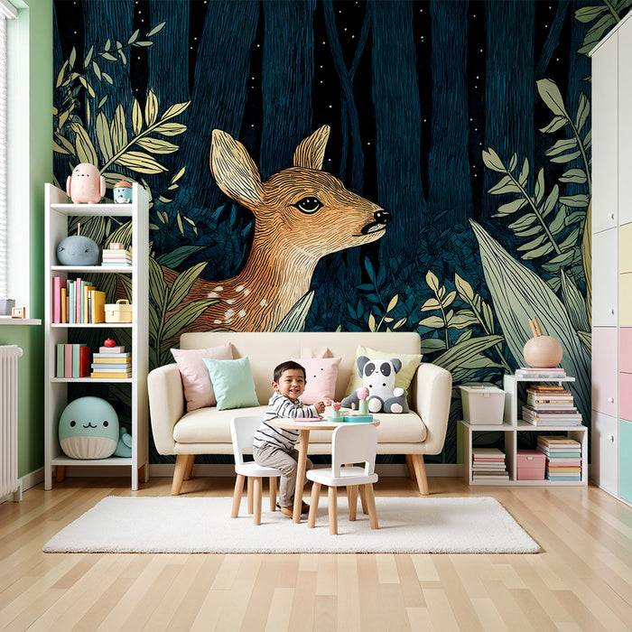 Papel pintado infantil | Ciervo curioso en un bosque encantado