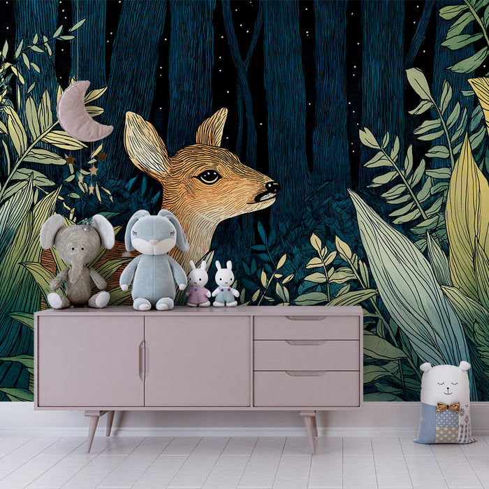 Papel pintado infantil | Ciervo curioso en un bosque encantado