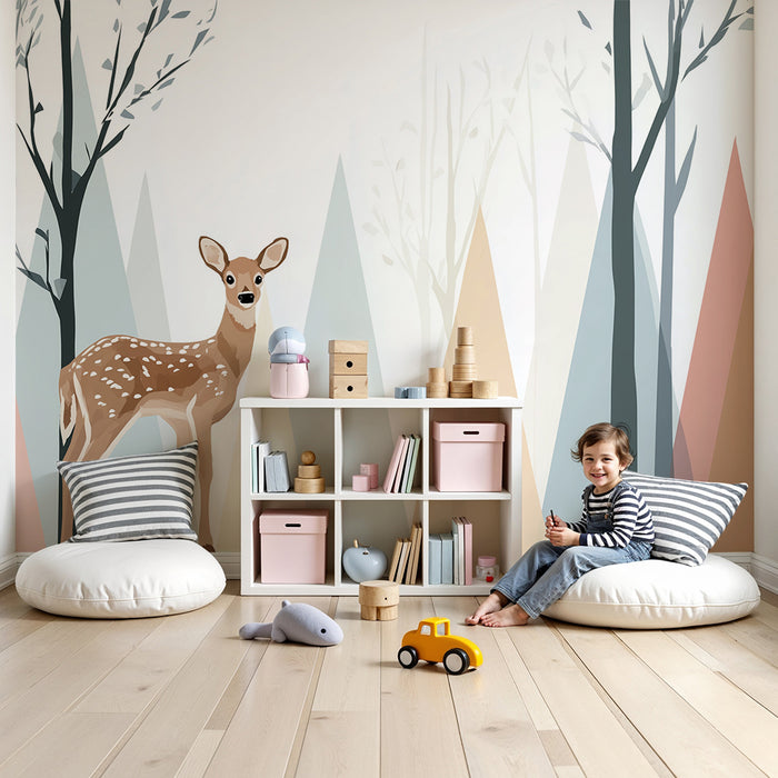 Papel pintado infantil | Ciervo en un bosque suave y colorido