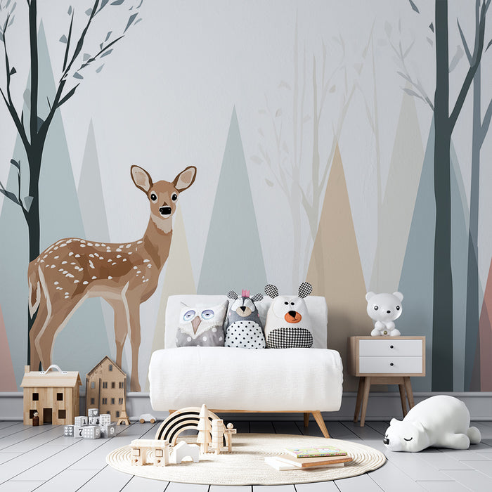 Papel pintado infantil | Ciervo en un bosque suave y colorido