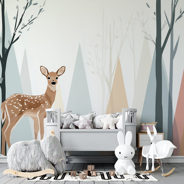 Papel pintado infantil | Ciervo en un bosque suave y colorido