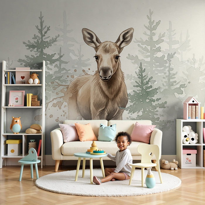Papier peint chambre enfant | Faon doux au milieu des sapins