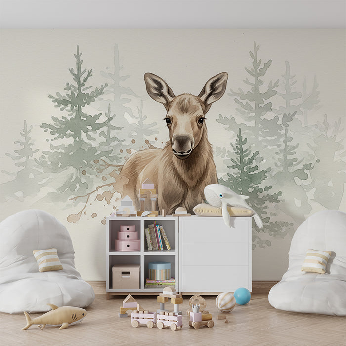 Papier peint chambre enfant | Faon doux au milieu des sapins