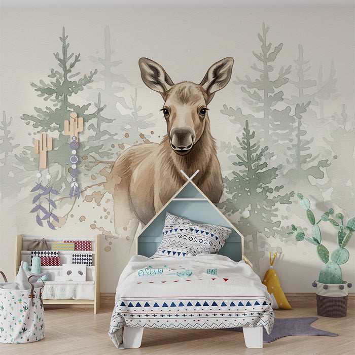 Papier peint chambre enfant | Faon doux au milieu des sapins