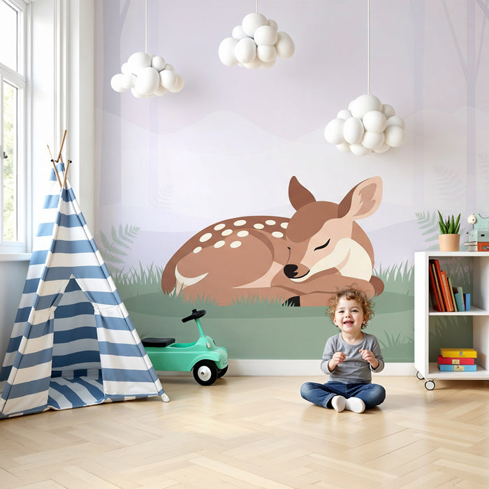 Papier peint chambre enfant | Faon endormi dans la forêt