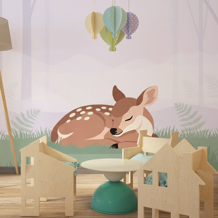 Papier peint chambre enfant | Faon endormi dans la forêt