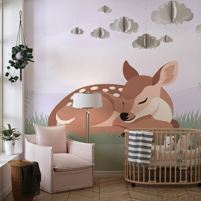 Papier peint chambre enfant | Faon endormi dans la forêt
