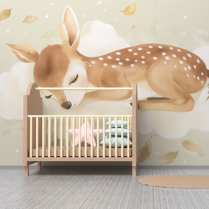 Papier peint chambre enfant | Faon endormi sur un nuage
