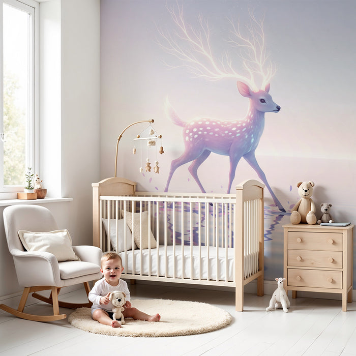 Kinderkamer behang | Feeërieke fawn die over het water loopt met kleurrijke bloemblaadjes
