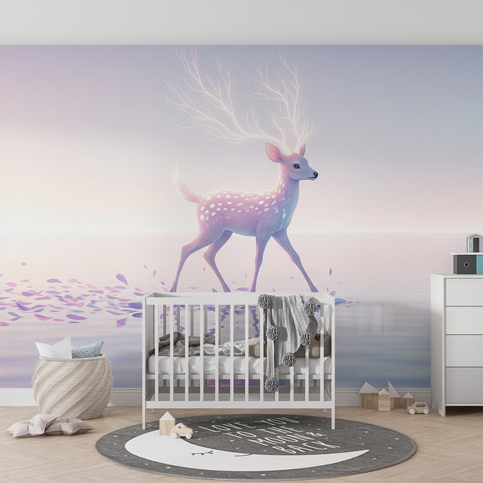 Kinderkamer behang | Feeërieke fawn die over het water loopt met kleurrijke bloemblaadjes