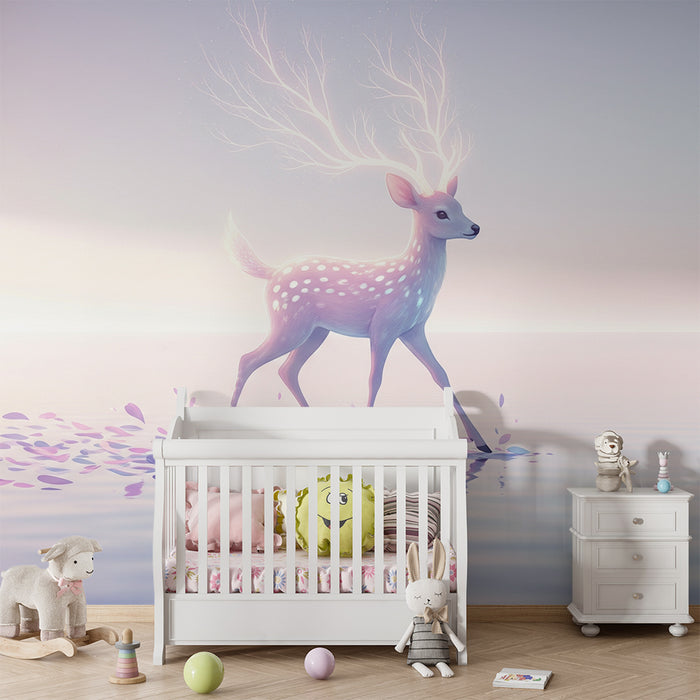 Kinderkamer behang | Feeërieke fawn die over het water loopt met kleurrijke bloemblaadjes